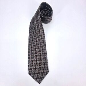 Joseph & Feiss Men Silk Tie Burgundy Grey Gold Geometric Square Pattern Handmade